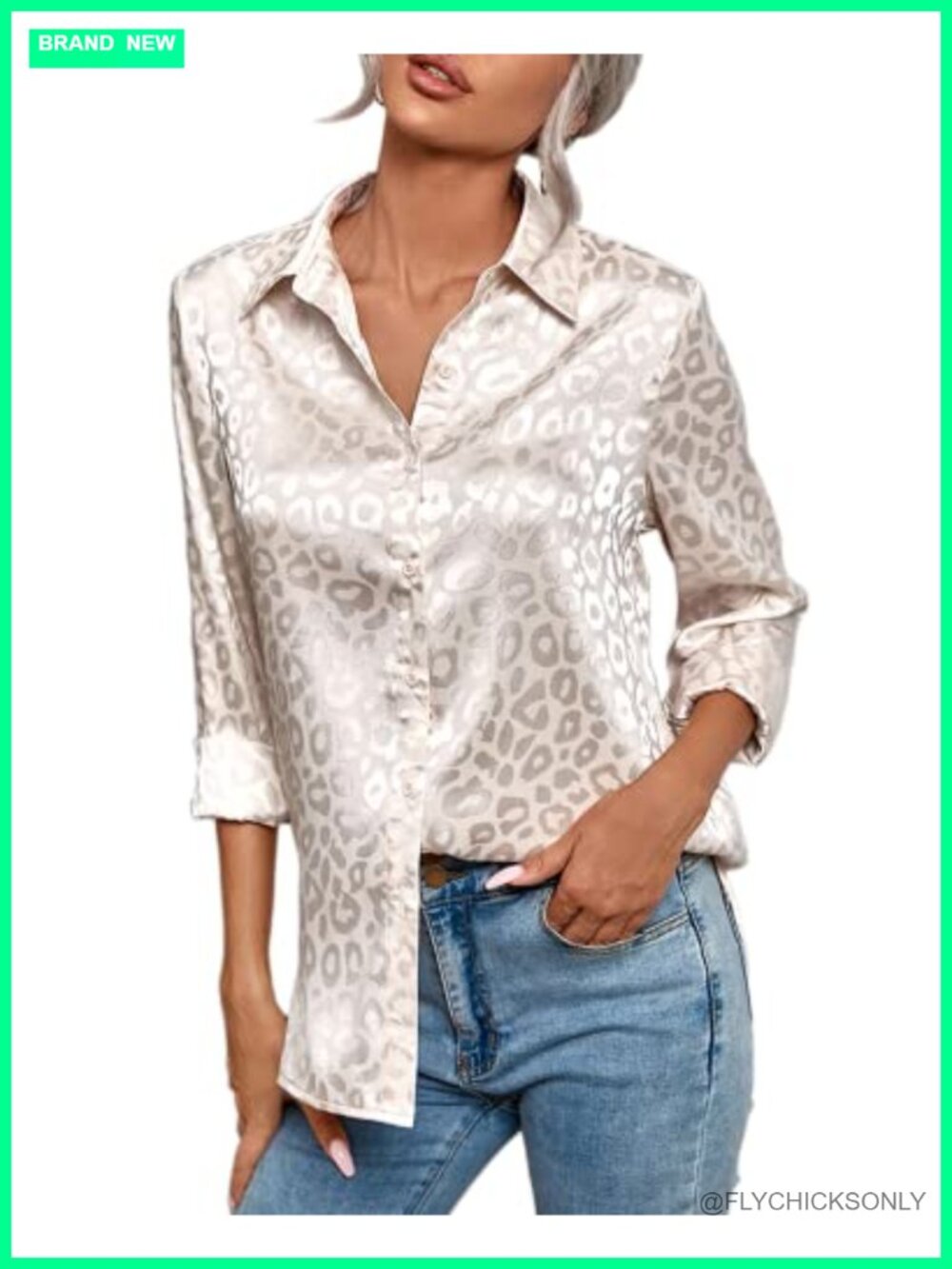Satin Button Down Leopard Print Long Sleeve Blouse High Low Hem